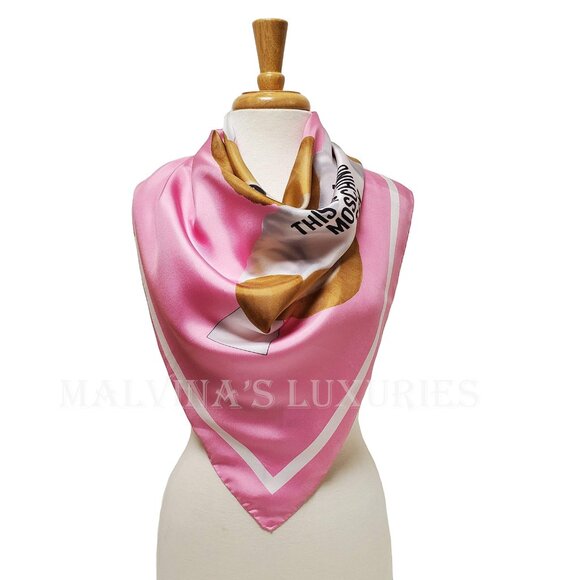 MOSCHINO SCARF PINK PAPER DOLL TEDDY BEAR & LOGO SILK TWILL SQUARE FOULARD 34" - Picture 2 of 9